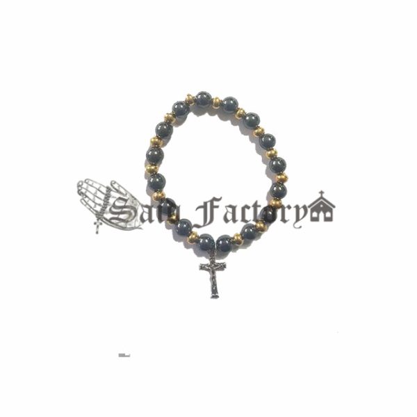 hematite stone elastic bracelet with gold plastic beads and charm cross