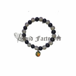 hematite stone elastic bracelet with white plastic beads hand made in Jerusalem with charm virgin Mary