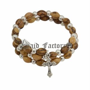 Expandable wired Olive wood religious bracelet with Silver tone Crucifix