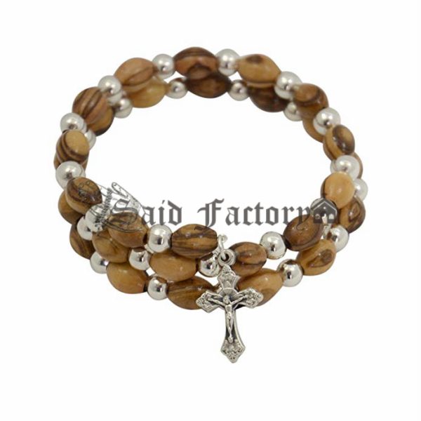 Expandable wired Olive wood religious bracelet with Silver tone Crucifix