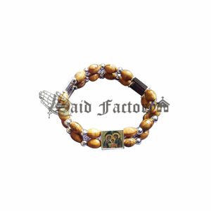 olive wood double elastic bracelet with 3 metal icons
