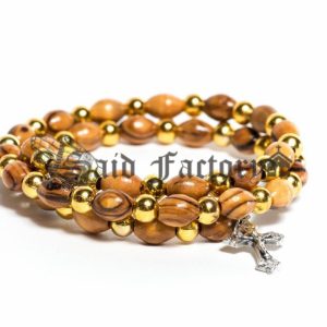 olive wood 7?9 oval beads twist bracelet rosary with charm cross and gold plastic beads