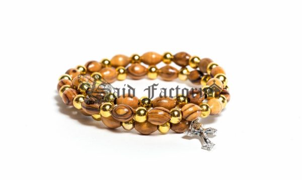 olive wood 7?9 oval beads twist bracelet rosary with charm cross and gold plastic beads