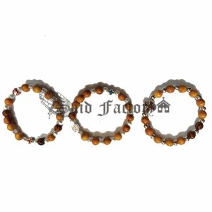 olive wood elastic bracelet with gold plastic beads and charm cross pendant
