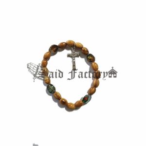 olive wood beads elastic bracelet with 4 metal icons and metal cross