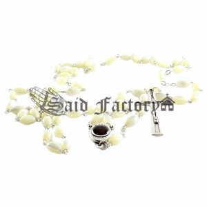 mother of pearl chain rosary with holy soil centerpiece and gift box