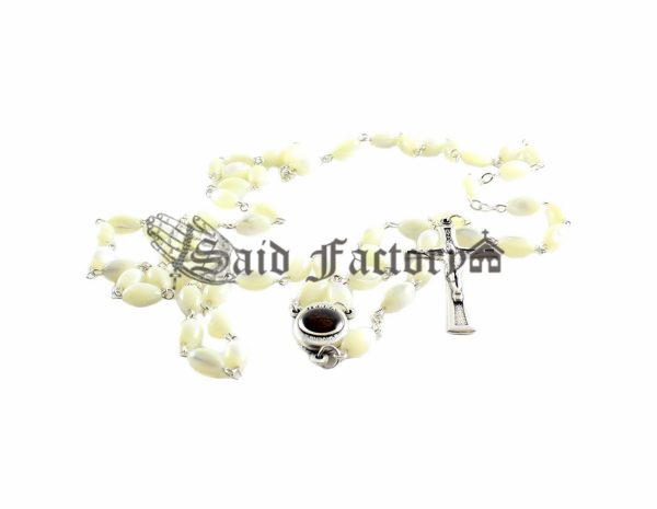 mother of pearl chain rosary with holy soil centerpiece and gift box