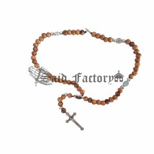 olive wood cord rosary necklace with 4 metal icons and holy soil centerpiece