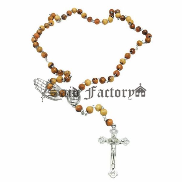 olive wood round beads chain rosary with holy soil centerpiece