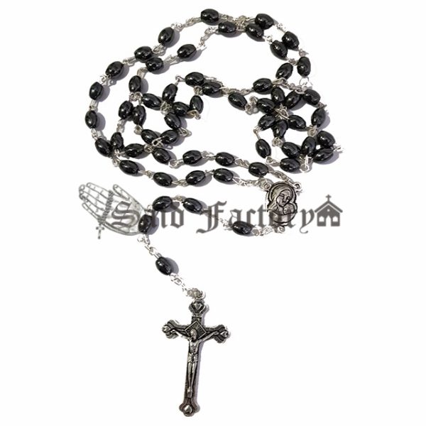 hematite black stone beads (onyx) chain rosary with holy soil centerpiece and gift box