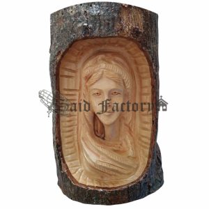 olive wood virgin Mary hand carved inside bark tree
