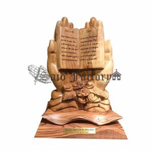 olive wood praying hands artistic work statue with lord prayer (our father)