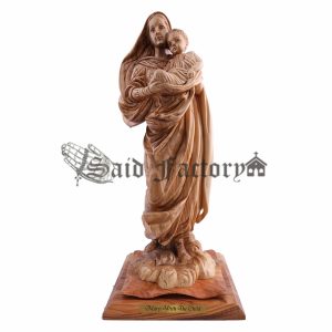 olive wood virgin Mary with baby Jesus artistic statue
